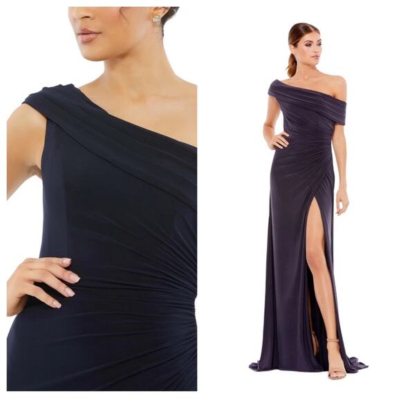 NWT MAC DUGGAL Navy Fold Over Off-The-Shoulder High Slit Gown Women’s - Picture 1 of 11